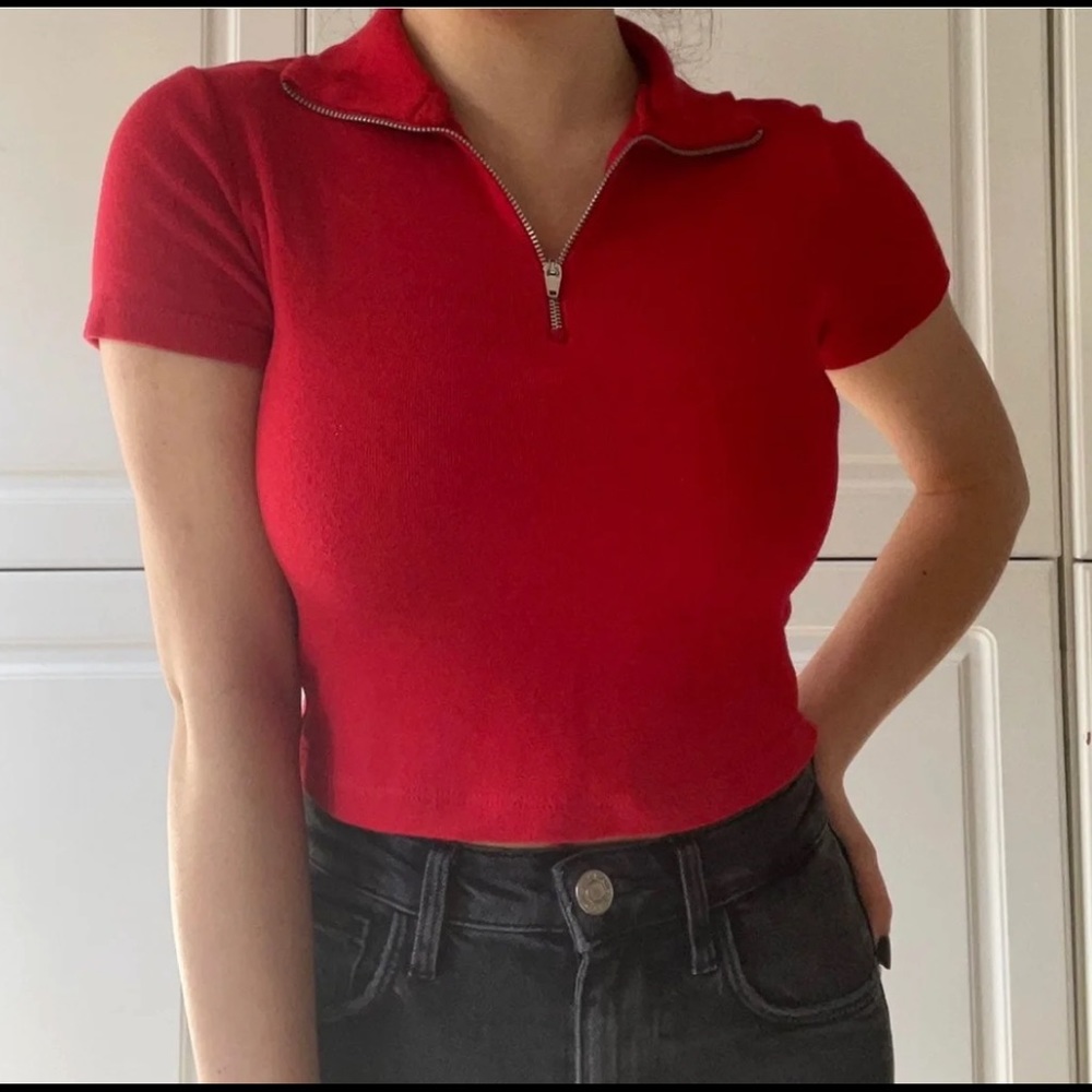 Brandy Melville Red Cotton Crop 1/4 Zip